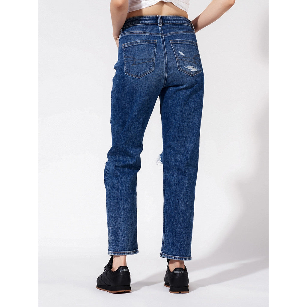 กางเกงยีนส์ผู้หญิง Mom Straight Jeans - Asym Waistband - Intl
