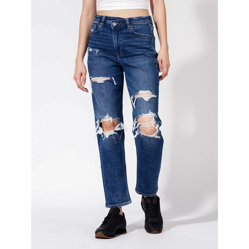 กางเกงยีนส์ผู้หญิง Mom Straight Jeans - Asym Waistband - Intl