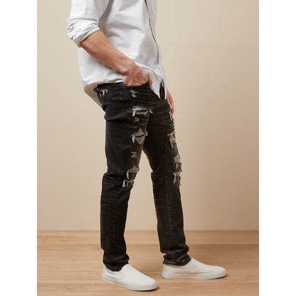 กางเกงยีนส์ผู้ชาย Black Mended Wash Slim Fit