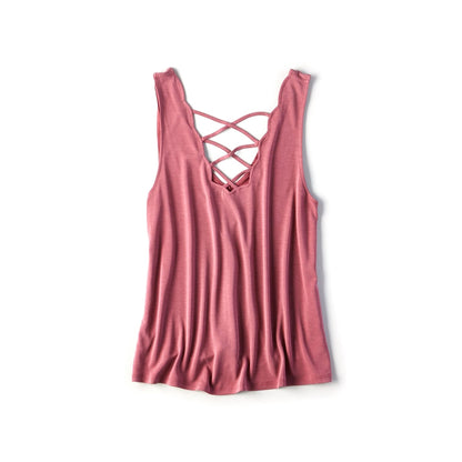 Scalloped Fixed Lace Up Sueded Tank Top