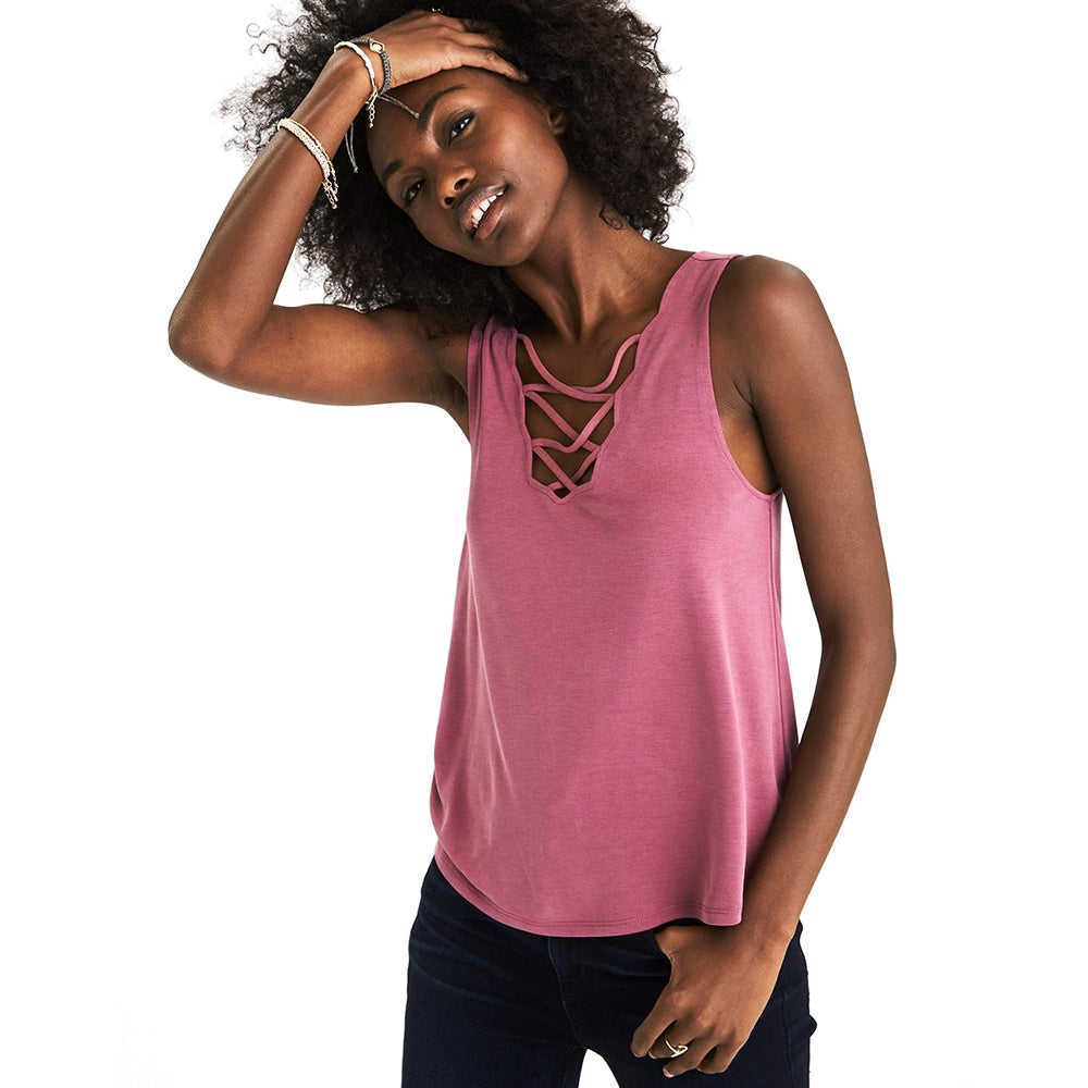 Scalloped Fixed Lace Up Sueded Tank Top