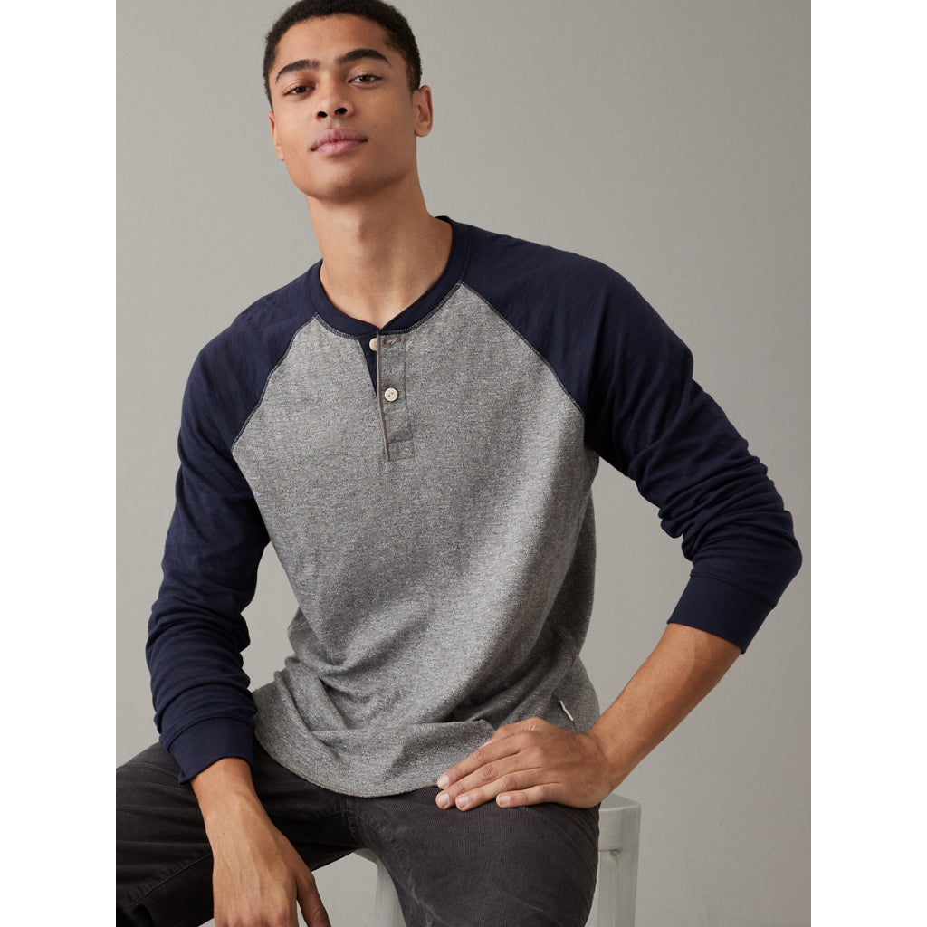 เสื้อยืดผู้ชาย K-3369 Ls Duofold Henley Raglan