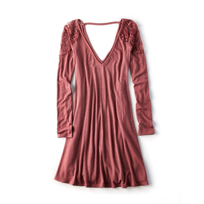 Lace Shoulder V Nk Tie Front Ls Dress