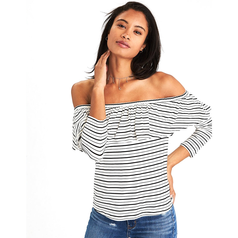 เสื้อยืดเปิดไหล่ Off The Shoulder Stripe