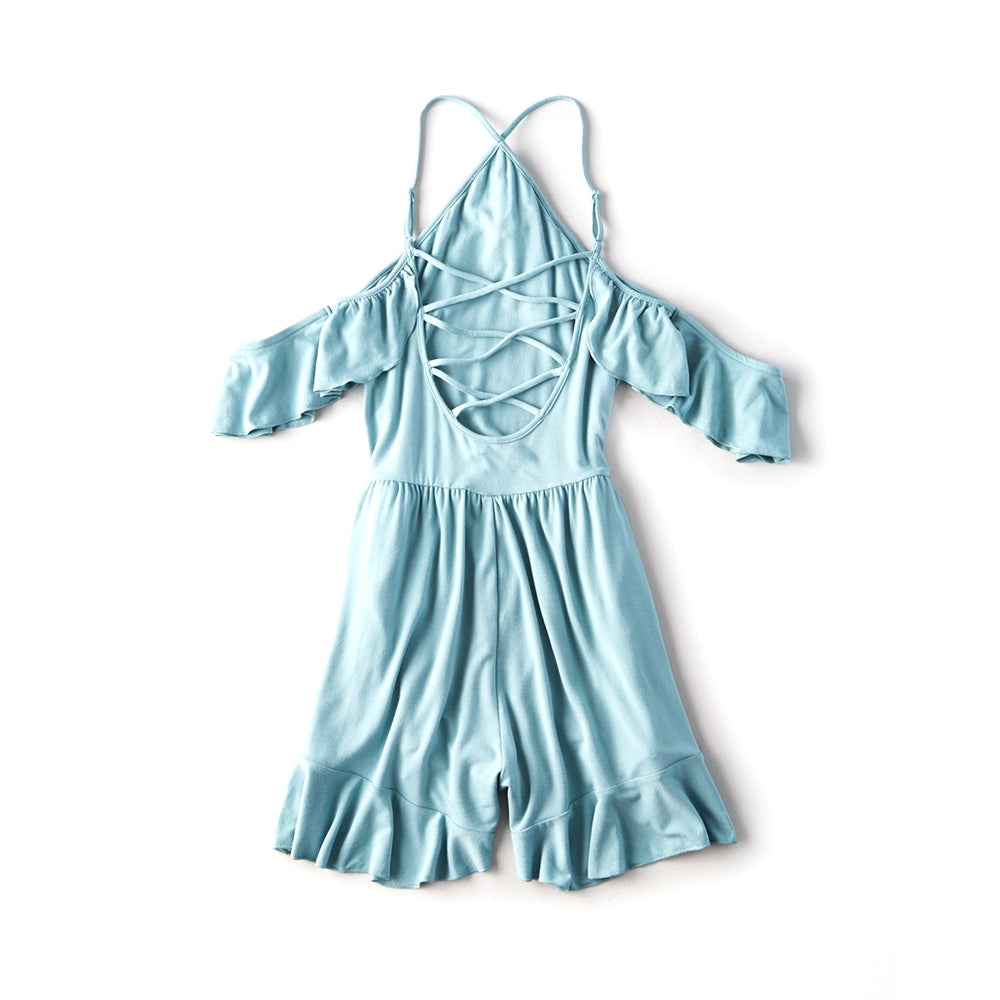 Ruffle Lace Up Back Romper Wash